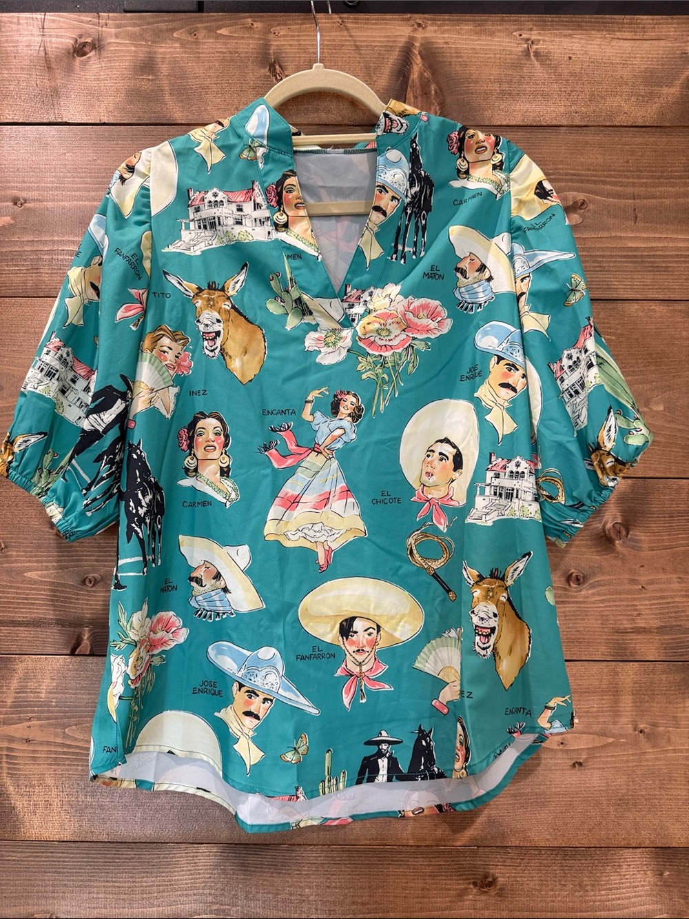 Turquoise Graphic Western Print V-Neck Top